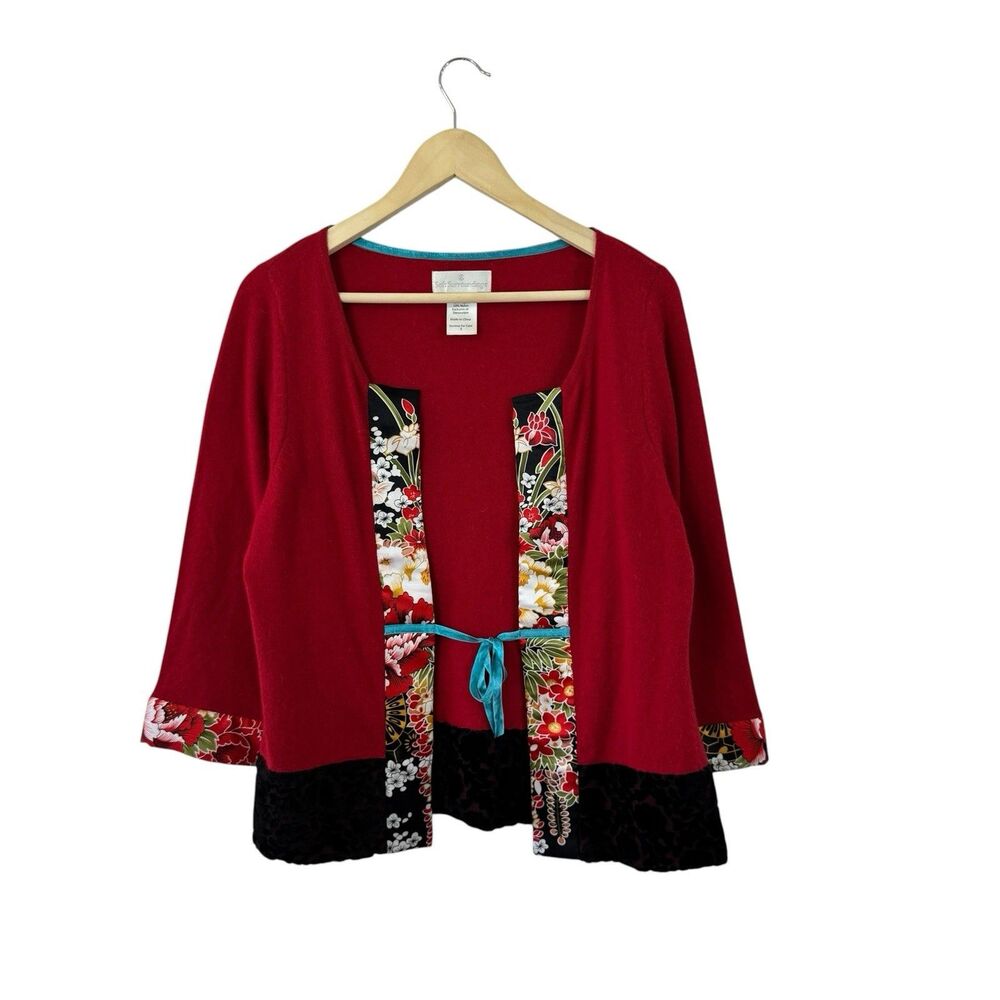 Soft Surroundings Small Wool Angora Asian Cardigan Sweater Velvet Trim Womens